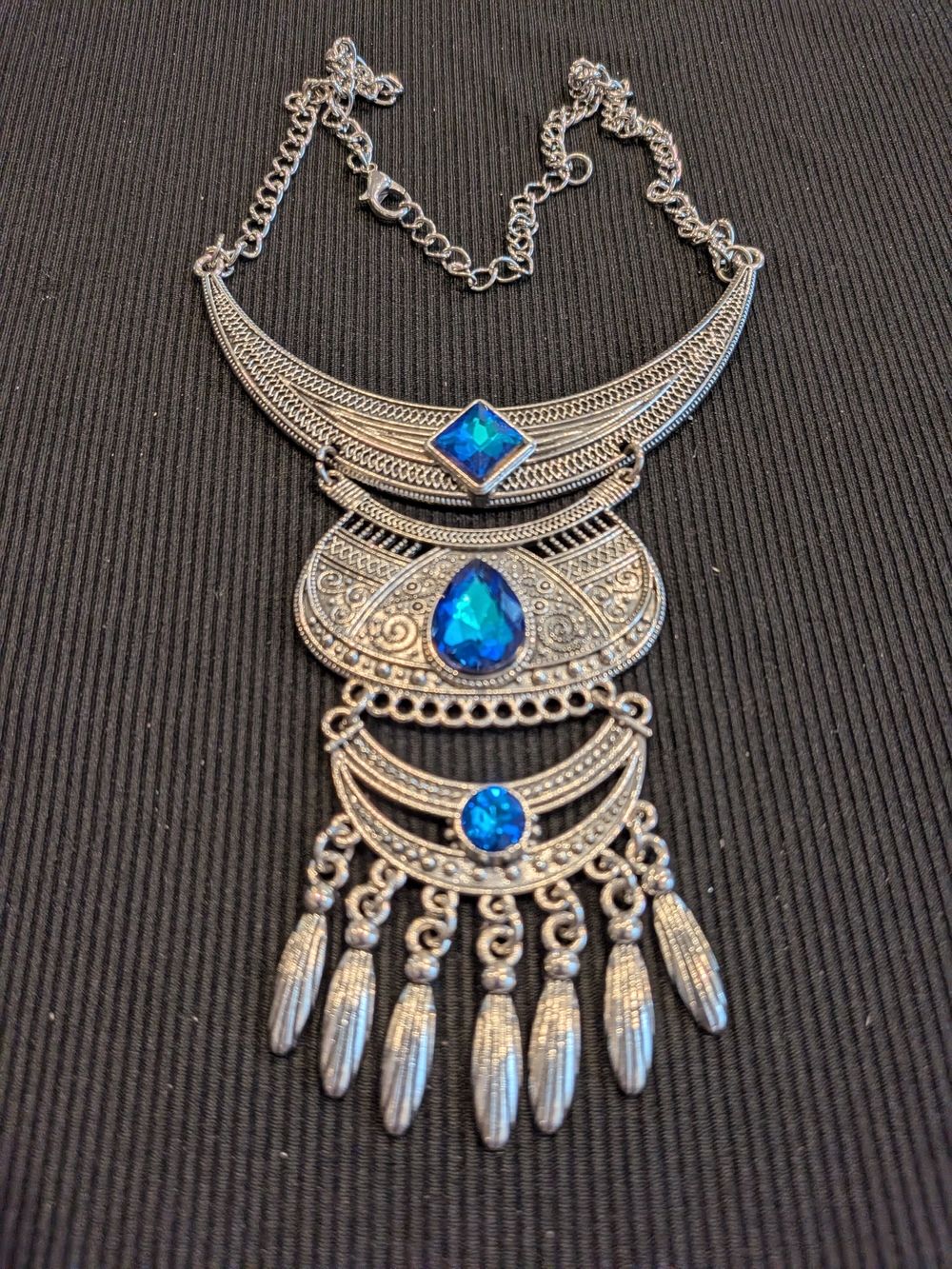 Silver-tone Boho Statement Necklace 13" with Blue Gem Accents